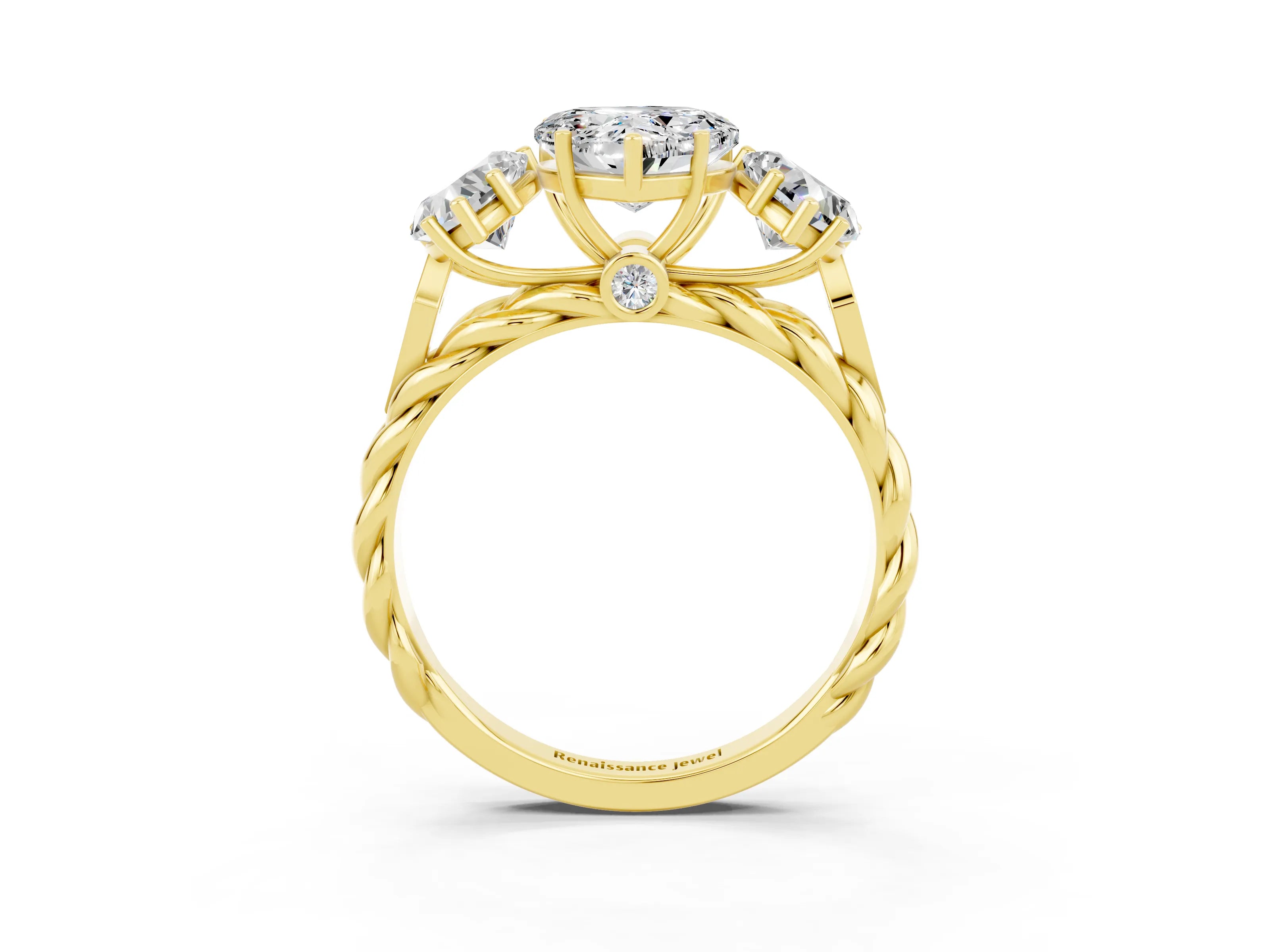 Yellow gold Three-Stone Heart Cut Moissanite Braided Band Ring with Four-Prong Setting_15