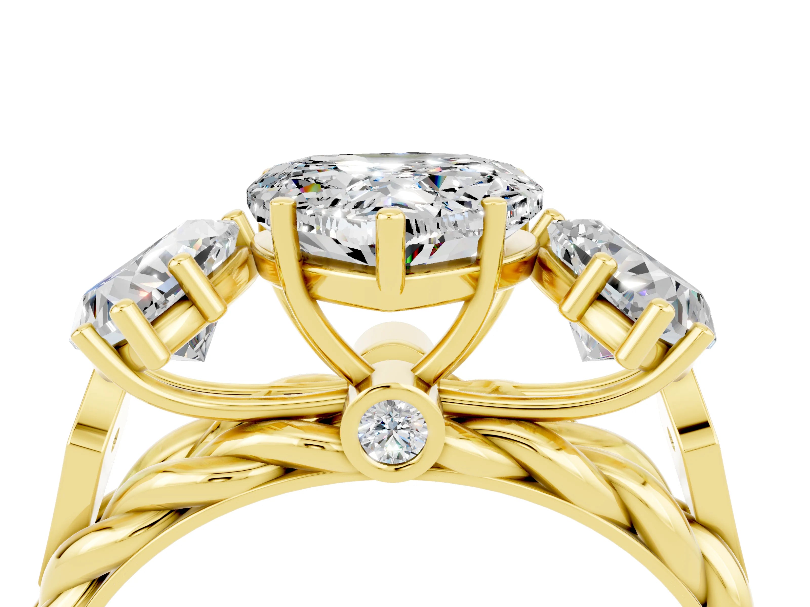 Yellow gold Three-Stone Heart Cut Moissanite Braided Band Ring with Four-Prong Setting_16