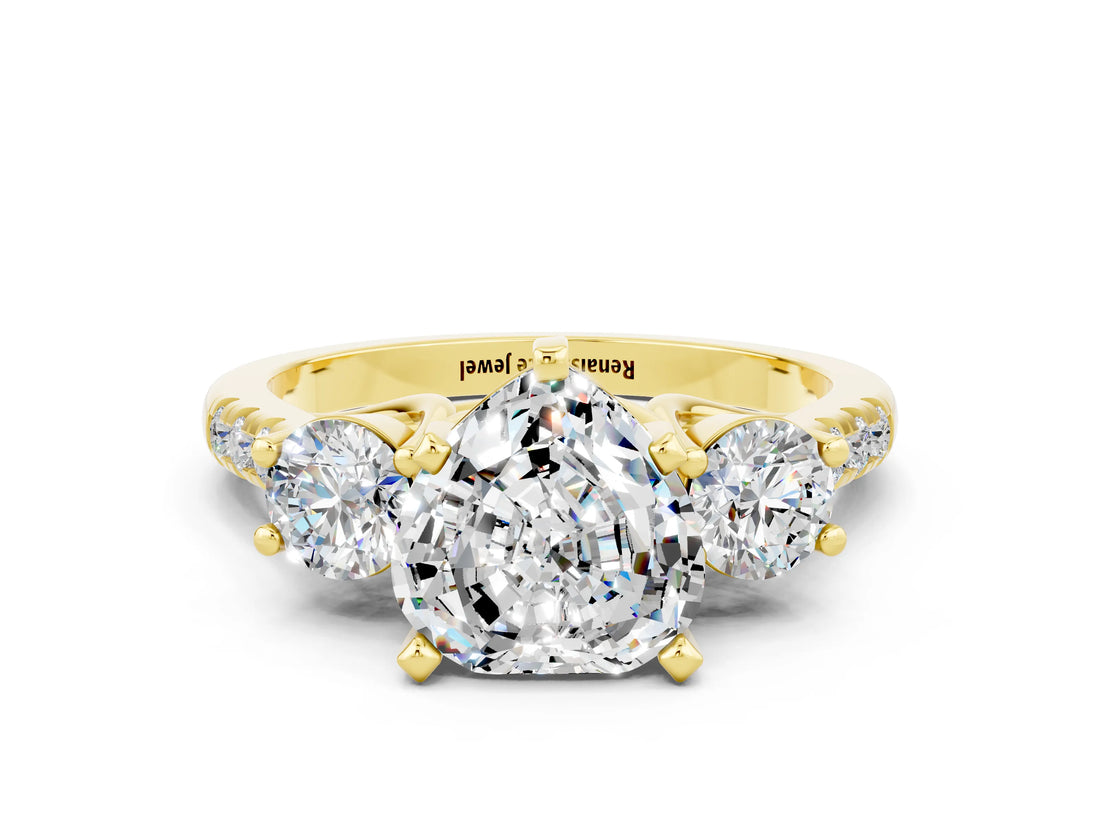 Yellow gold Three-Stone Heart Cut Moissanite Pavé Band with Four-Prong Setting