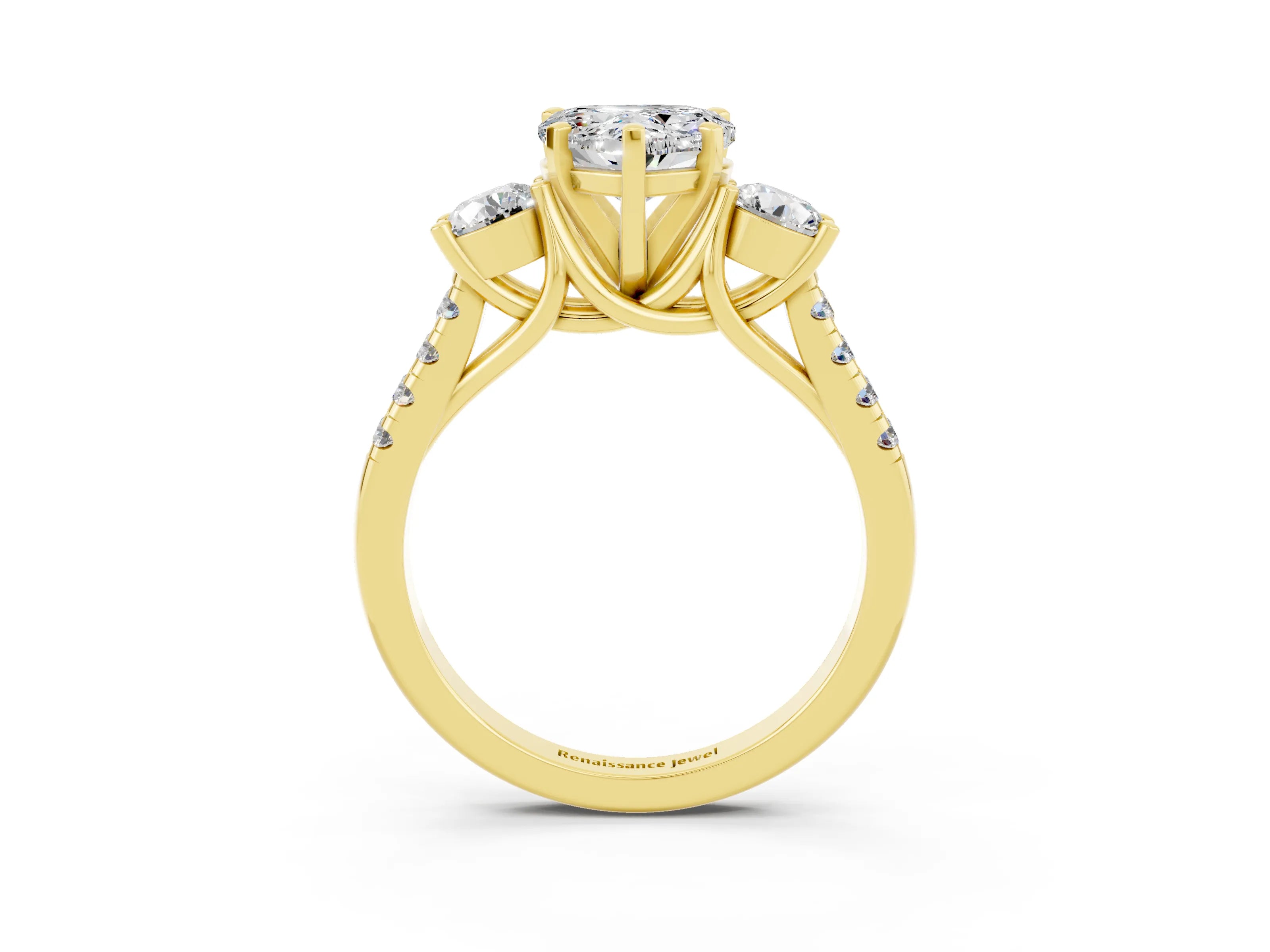 Yellow gold Three-Stone Heart Cut Moissanite Pavé Band with Four-Prong Setting_3