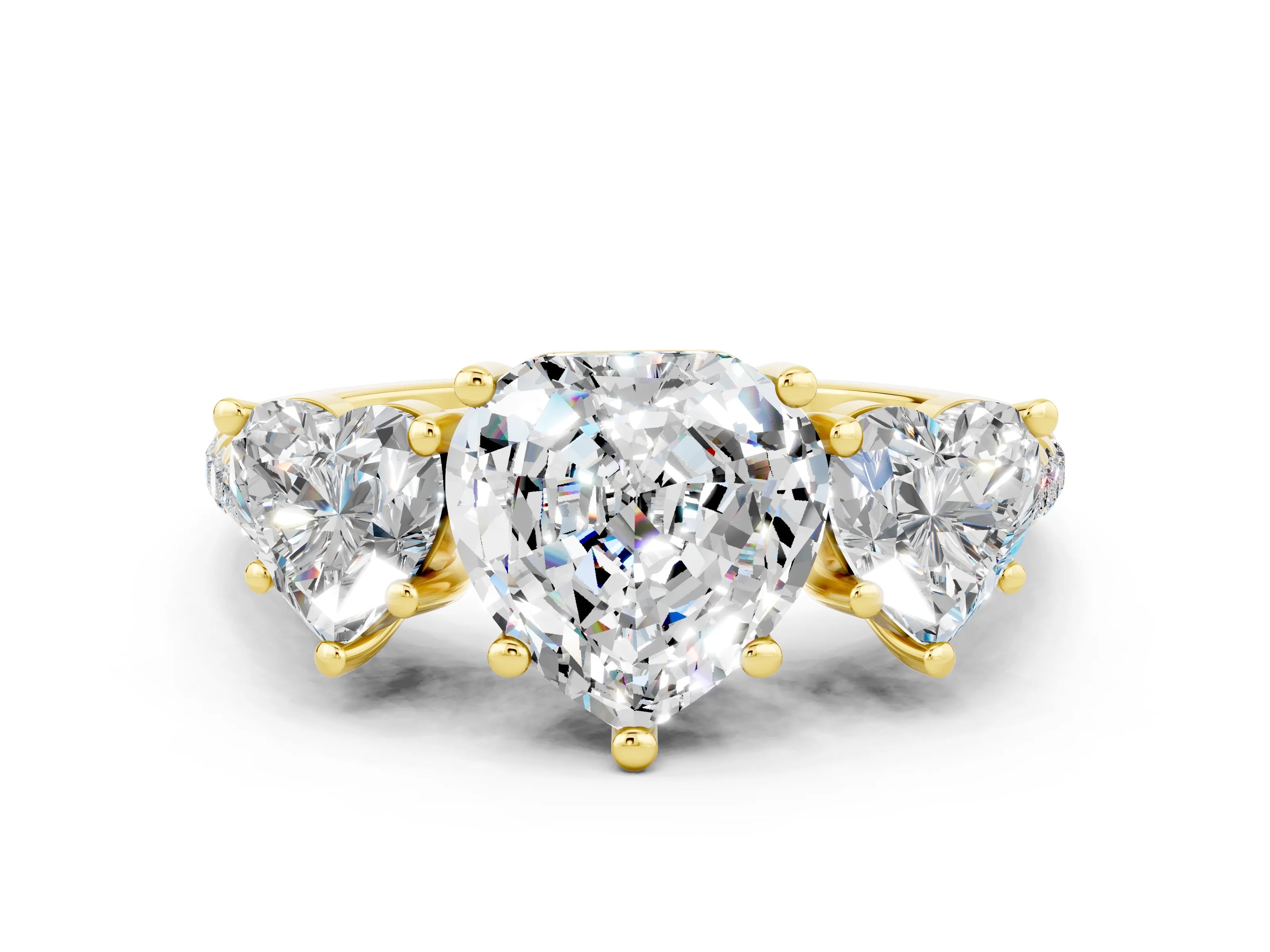 Yellow gold Three-Stone Heart Cut Moissanite Ring with Pavé Band and Prong Setting_12