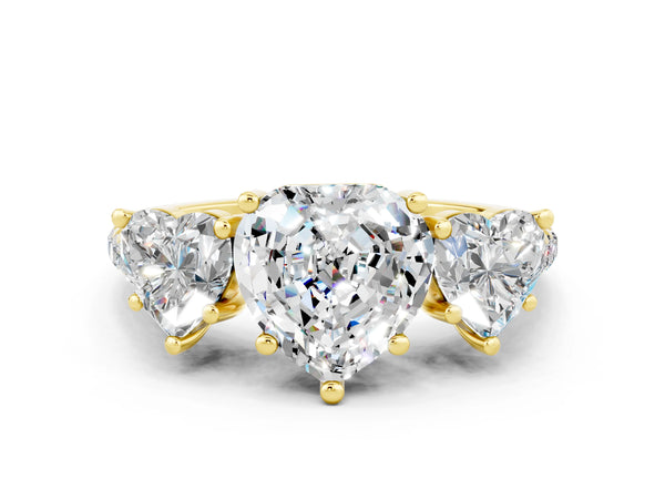 Yellow gold Three-Stone Heart Cut Moissanite Ring with Round  Pavé Band and Prong Setting