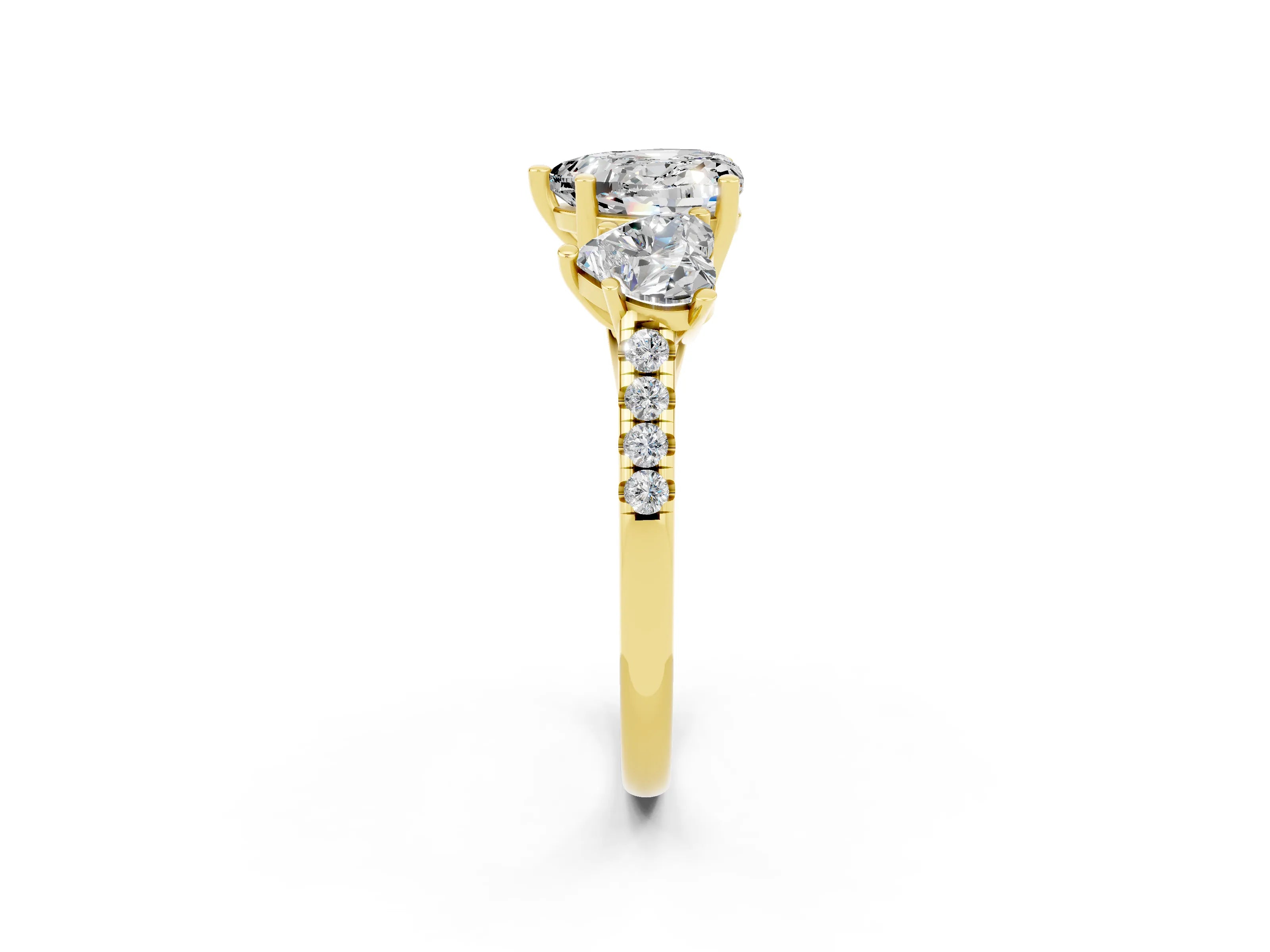 Yellow gold Three-Stone Heart Cut Moissanite Ring with Pavé Band and Prong Setting_14