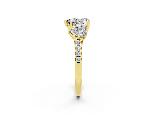 Yellow gold Three-Stone Heart Cut Moissanite Ring with Round  Pavé Band and Prong Setting