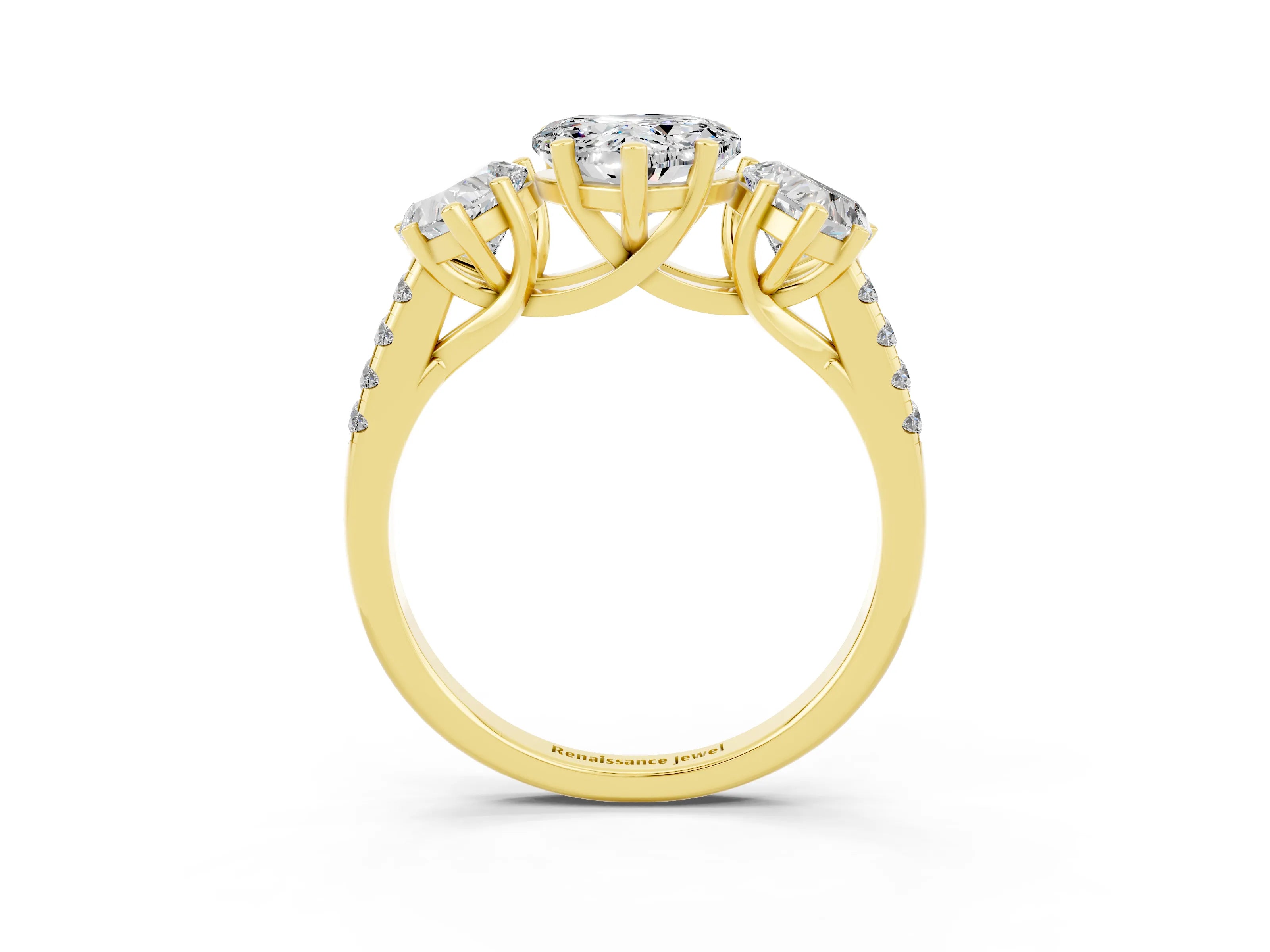 Yellow gold Three-Stone Heart Cut Moissanite Ring with Pavé Band and Prong Setting_15