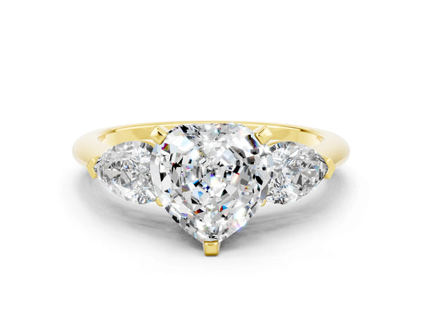 Yellow gold Three-Stone Heart Cut Moissanite Ring with Pear Side Stones and Four-Prong Setting