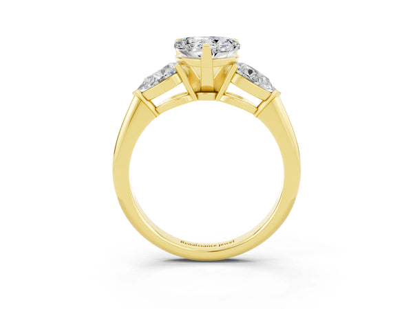 Yellow gold Three-Stone Heart Cut Moissanite Ring with Pear Side Stones and Four-Prong Setting