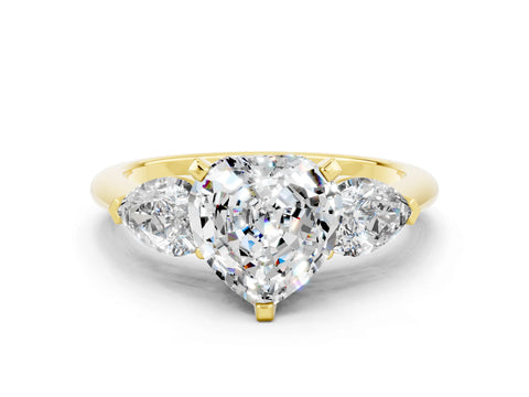 Yellow gold Three-Stone Heart Cut Moissanite Ring with Pear Side Stones and Four-Prong Setting