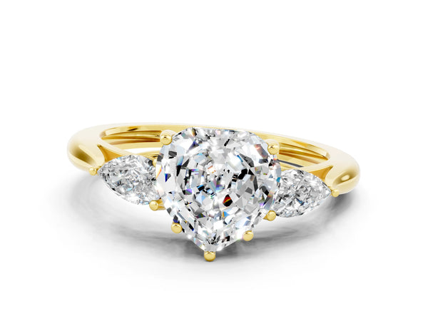 Yellow gold Three-Stone Heart Cut Moissanite Ring with Pear  Side Stones in Four-Prong Setting
