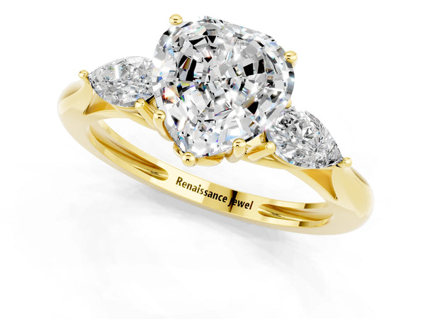 Yellow gold Three-Stone Heart Cut Moissanite Ring with Pear  Side Stones in Four-Prong Setting