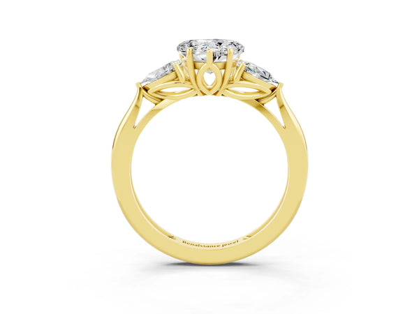 Yellow gold Three-Stone Heart Cut Moissanite Ring with Pear  Side Stones in Four-Prong Setting