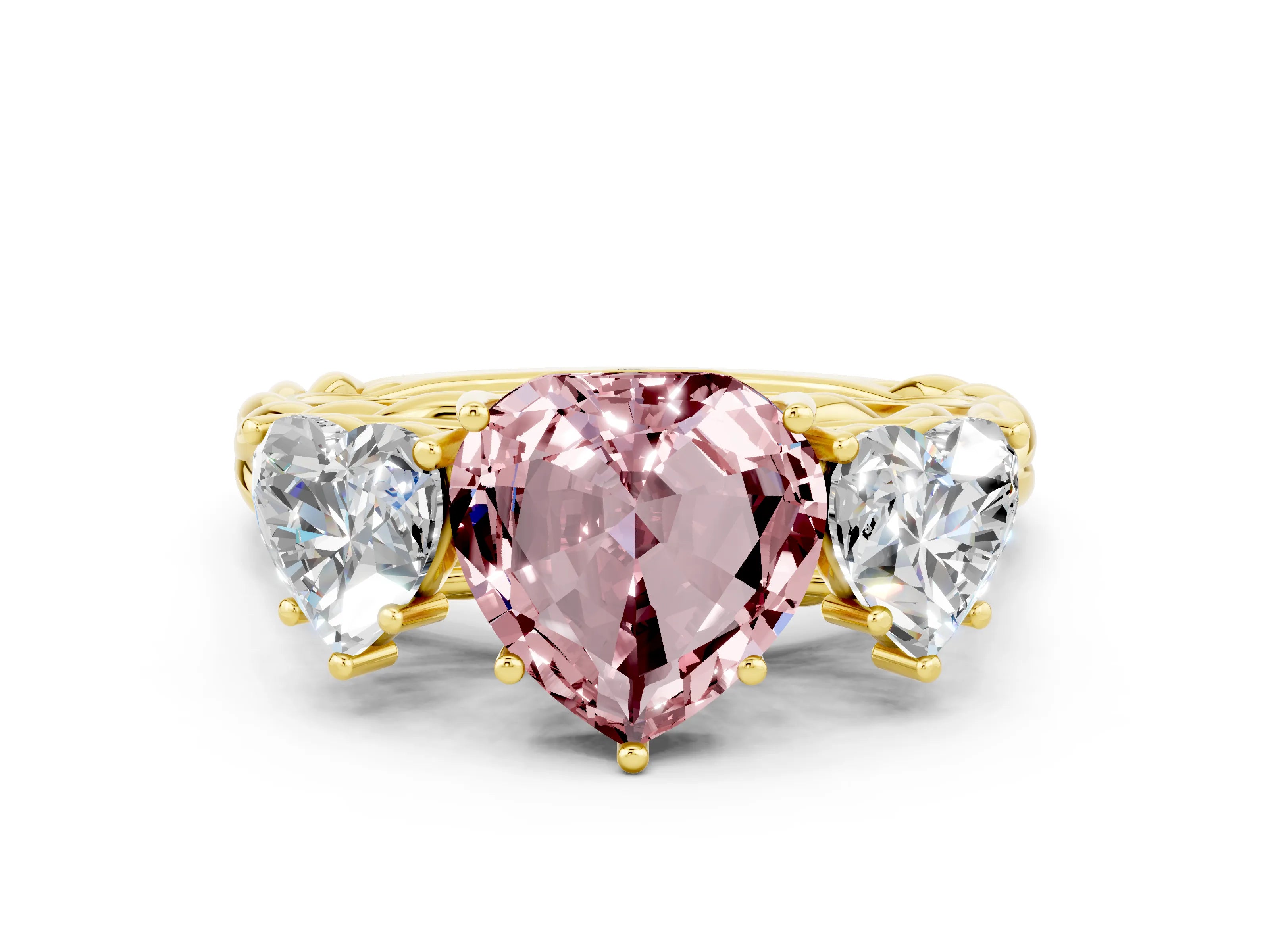 Yellow gold Three-Stone Heart Cut Morganite Braided Band Ring with Four-Prong Setting_12