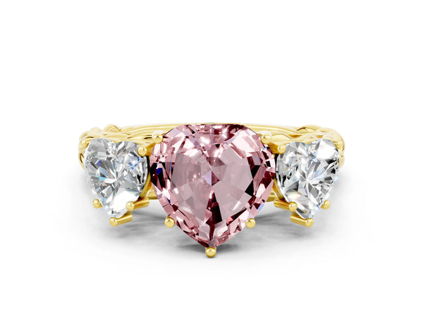 Yellow gold Three-Stone Heart Cut Morganite Braided Band Ring with Four-Prong Setting