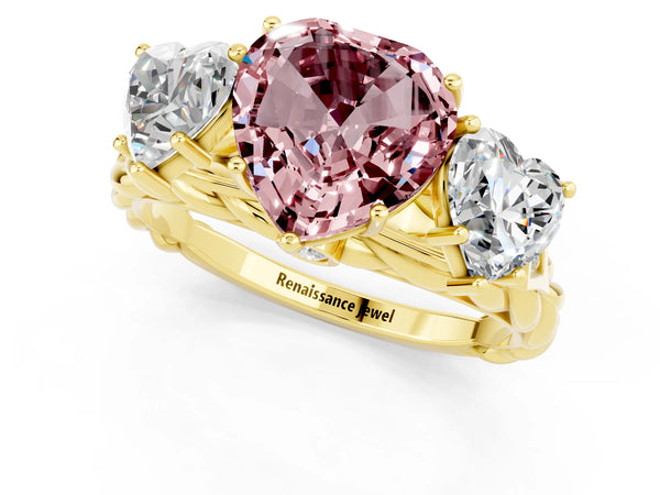 Yellow gold Three-Stone Heart Cut Morganite Braided Band Ring with Four-Prong Setting