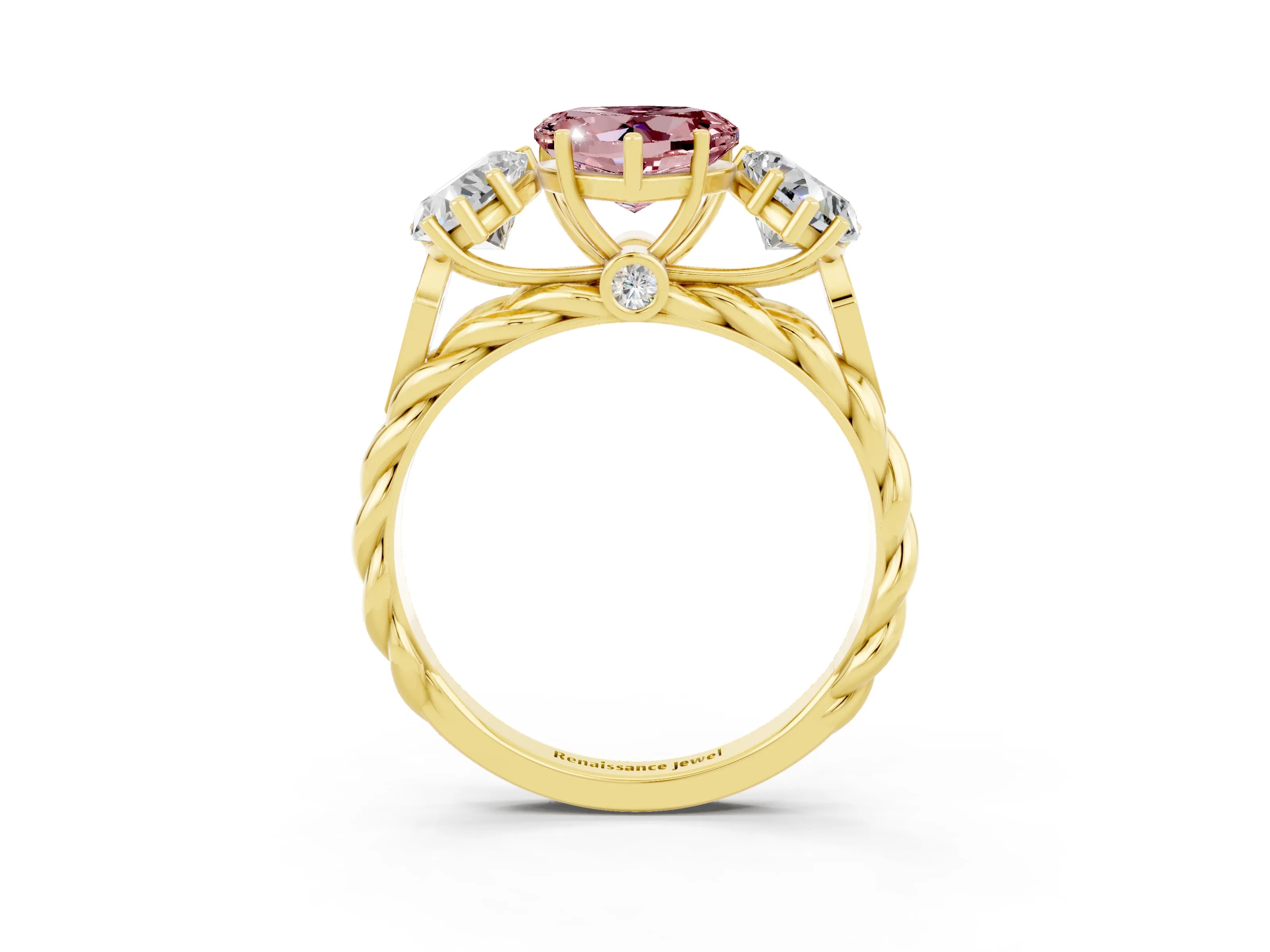 Yellow gold Three-Stone Heart Cut Morganite Braided Band Ring with Four-Prong Setting_15