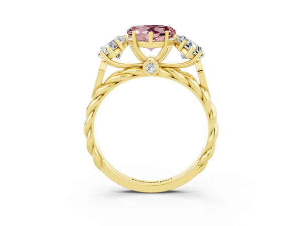 Yellow gold Three-Stone Heart Cut Morganite Braided Band Ring with Four-Prong Setting