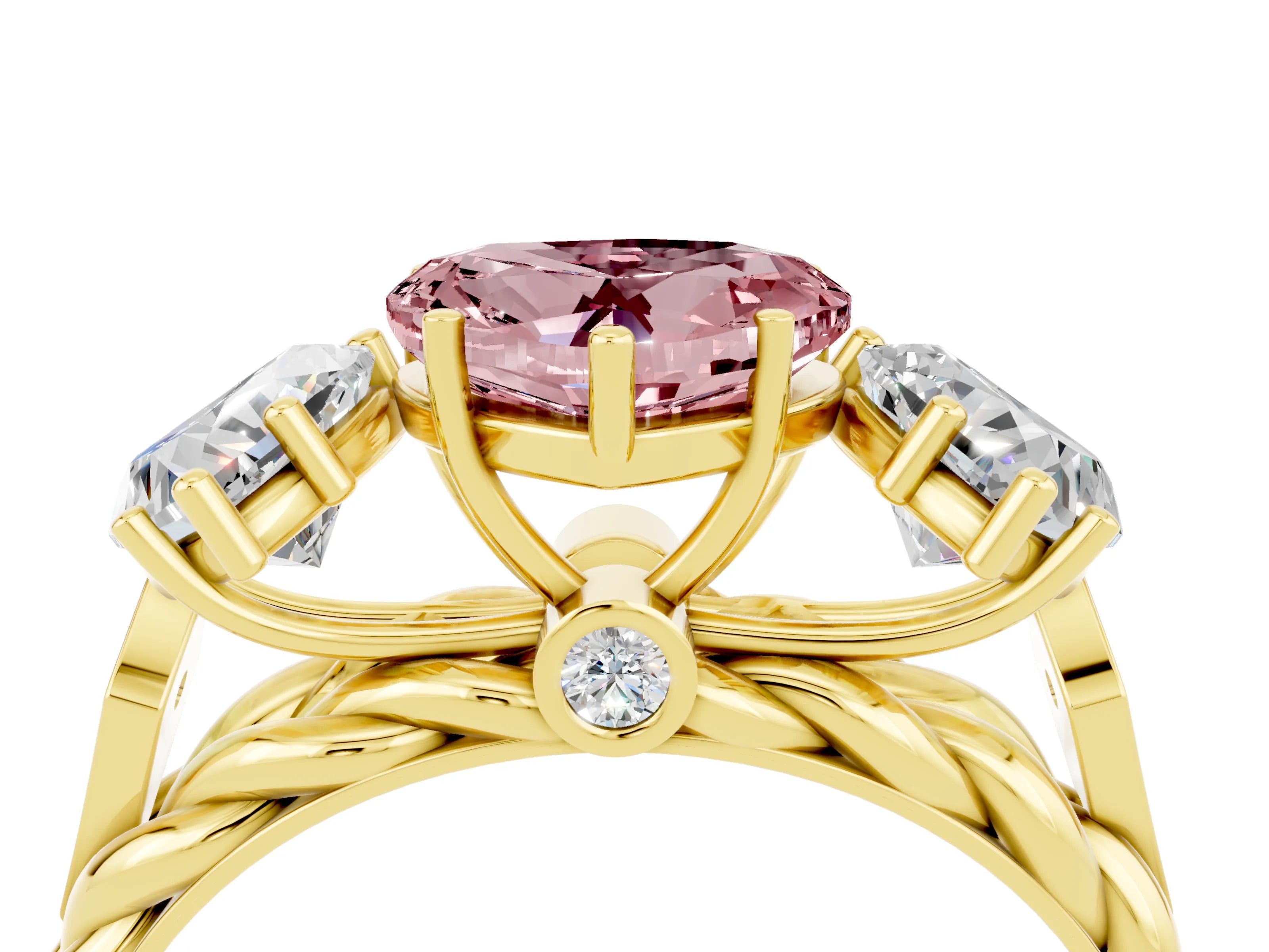 Yellow gold Three-Stone Heart Cut Morganite Braided Band Ring with Four-Prong Setting_16