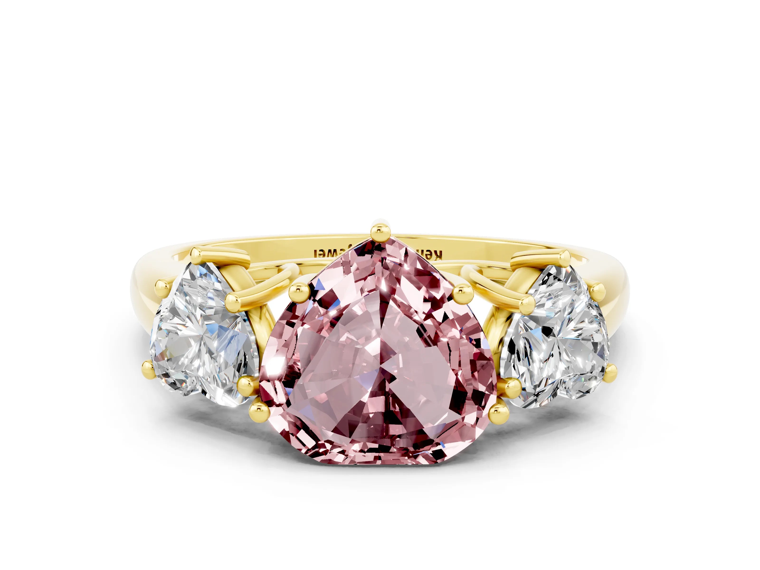 Yellow gold Three-Stone Heart Cut Morganite Engagement Ring with Prong Setting