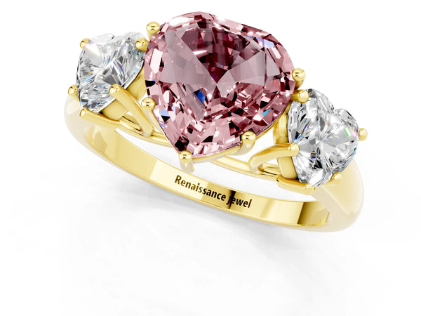 Yellow gold Three-Stone Heart Cut Morganite Engagement Ring with Prong Setting