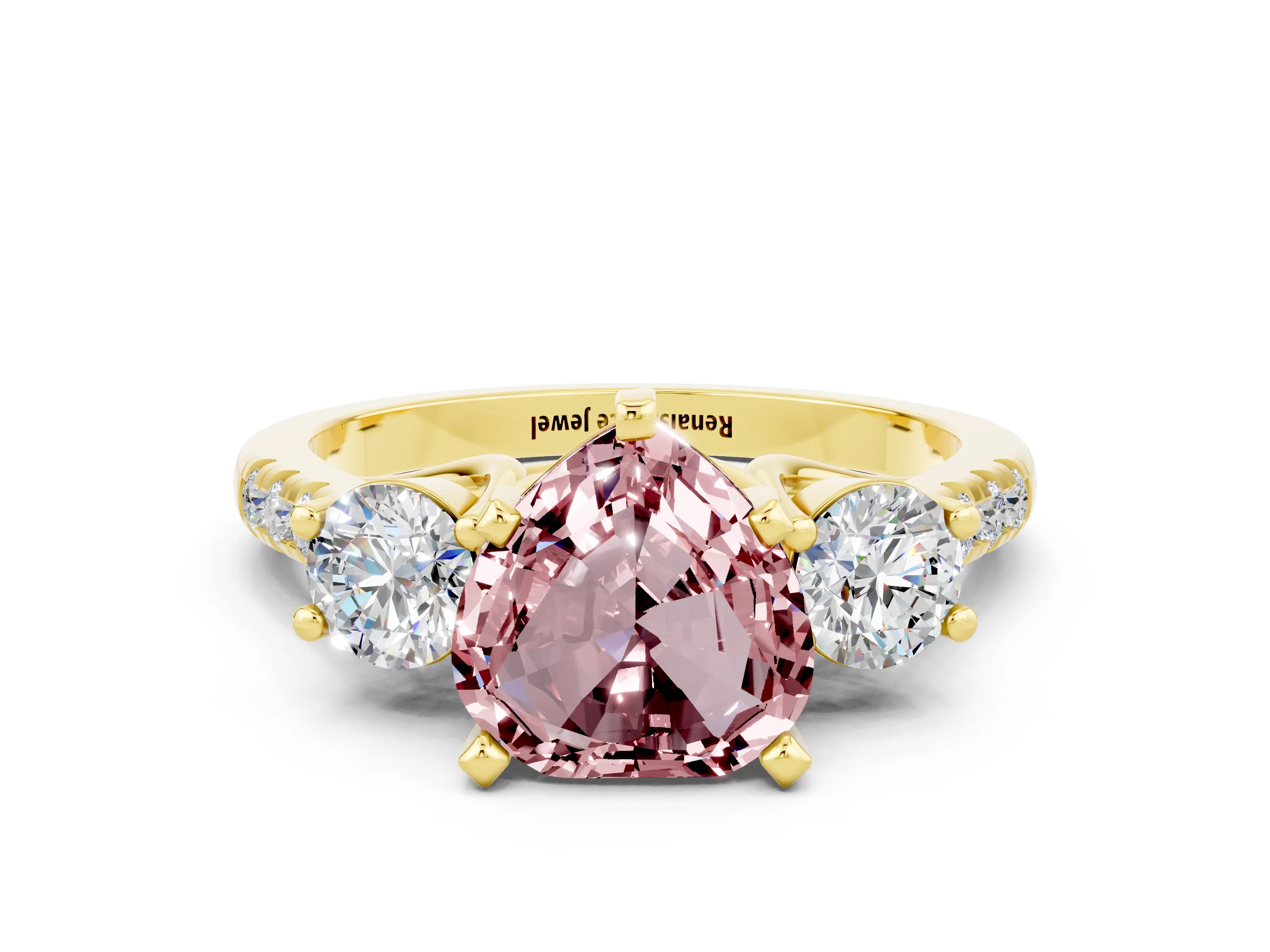 Yellow gold Three-Stone Heart Cut Morganite Pavé Band with Four-Prong Setting