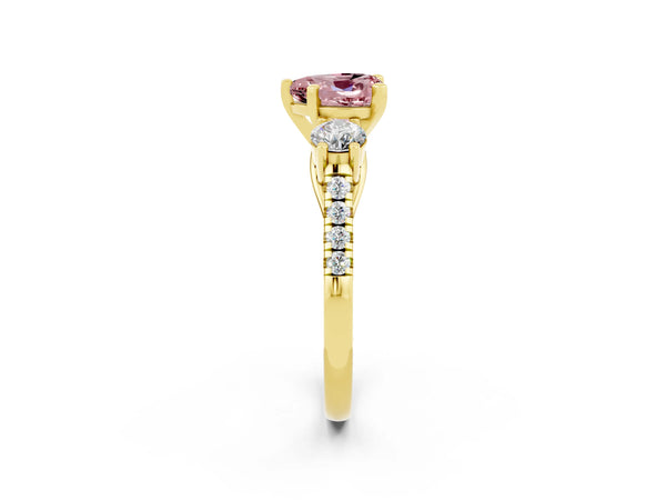Yellow gold Three-Stone Heart Cut Morganite Pavé Band with Four-Prong Setting
