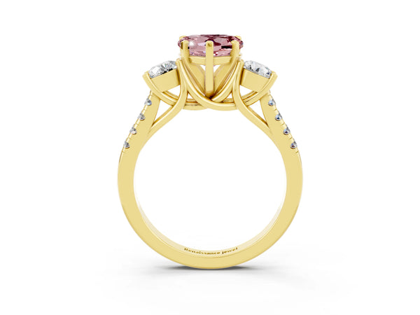 Yellow gold Three-Stone Heart Cut Morganite Pavé Band with Four-Prong Setting