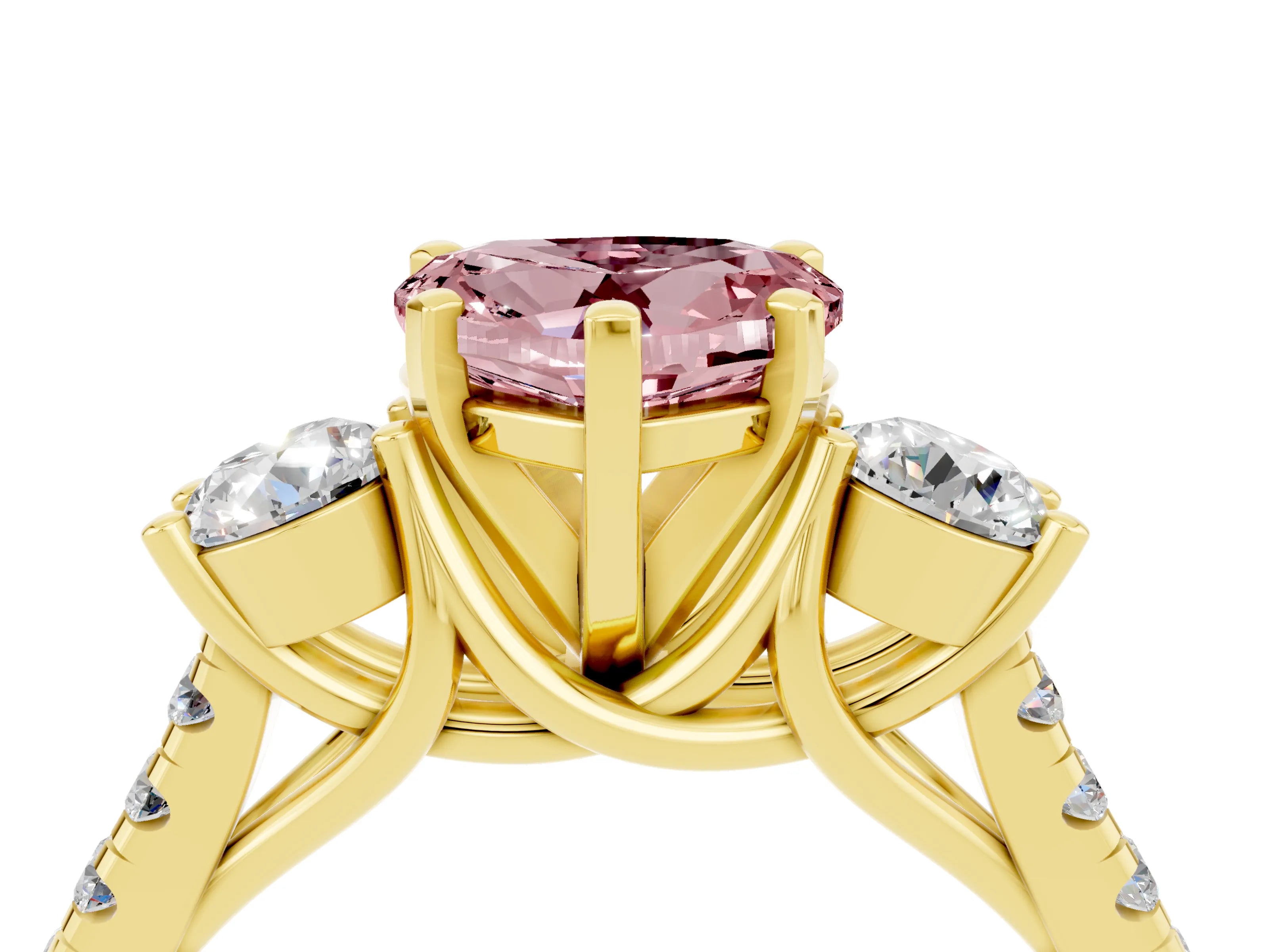 Yellow gold Three-Stone Heart Cut Morganite Pavé Band with Four-Prong Setting_4