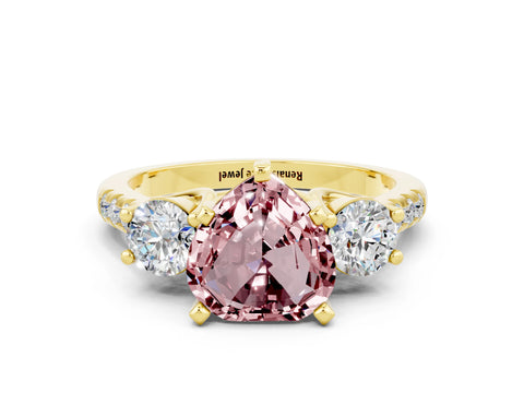 Yellow gold Three-Stone Heart Cut Morganite Pavé Band with Four-Prong Setting