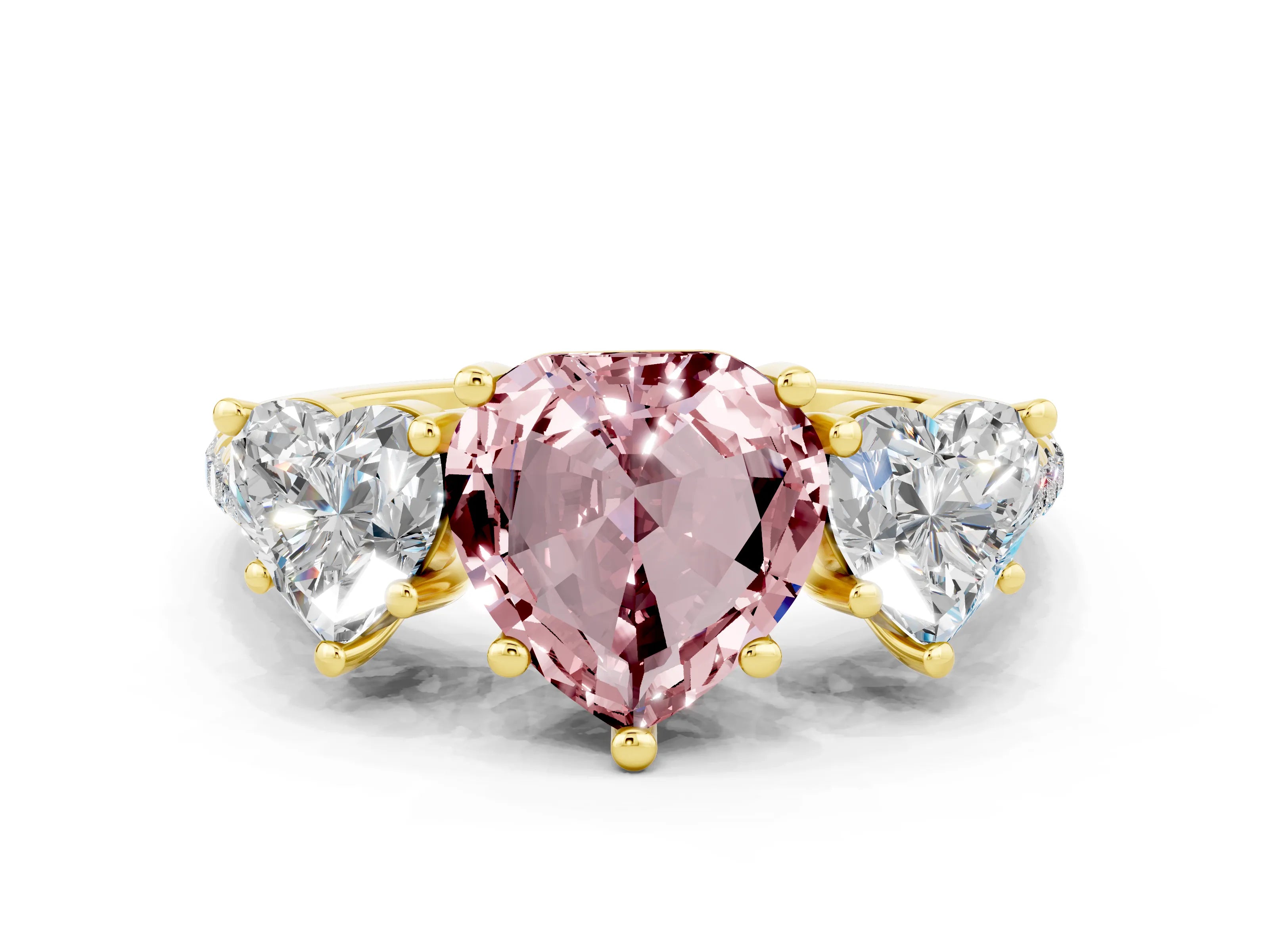Yellow gold Three-Stone Heart Cut Morganite Ring with Pavé Band and Prong Setting_12