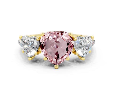 Yellow gold Three-Stone Heart Cut Morganite Ring with Pavé Band and Prong Setting_12