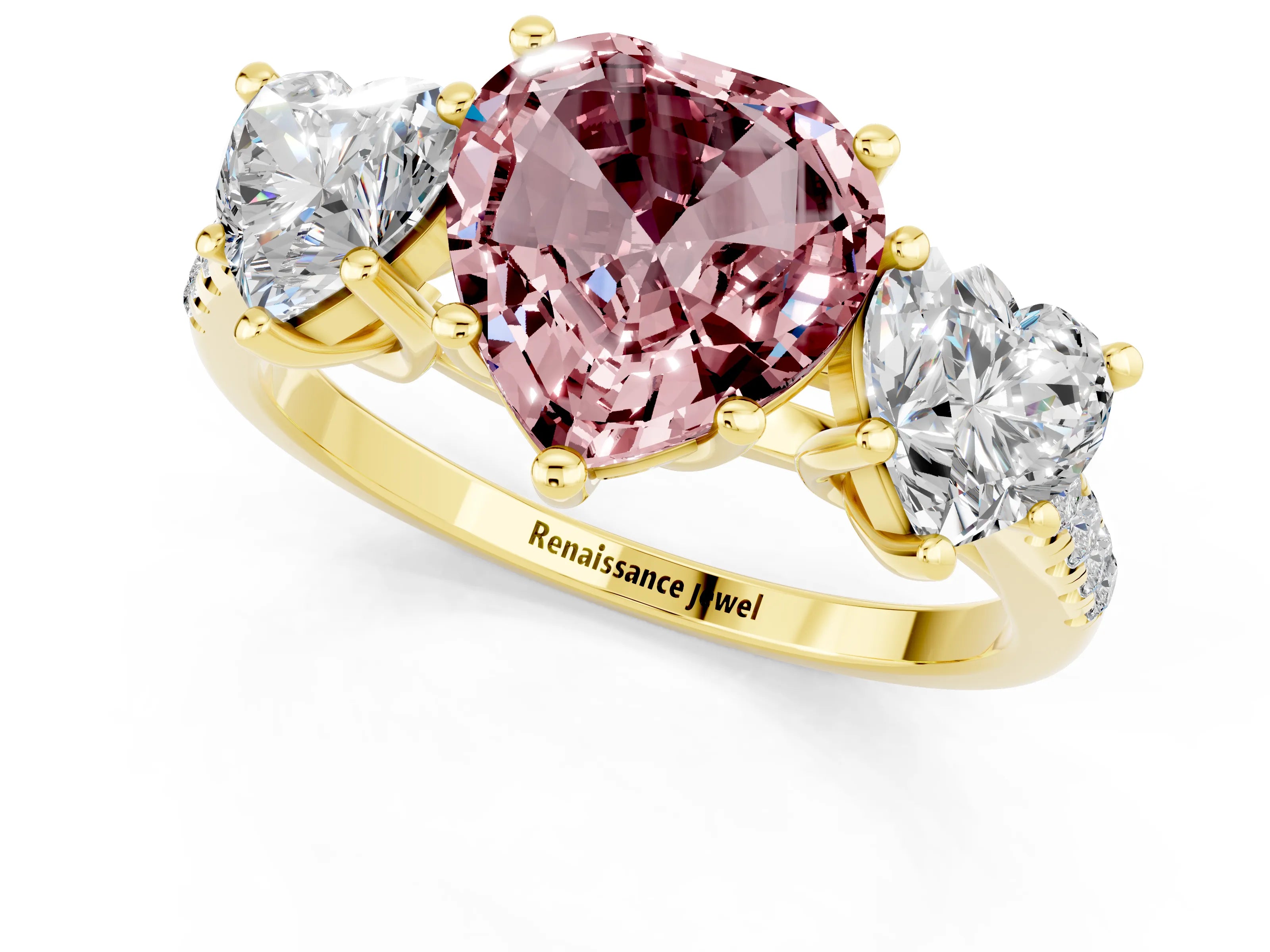 Yellow gold Three-Stone Heart Cut Morganite Ring with Pavé Band and Prong Setting_13