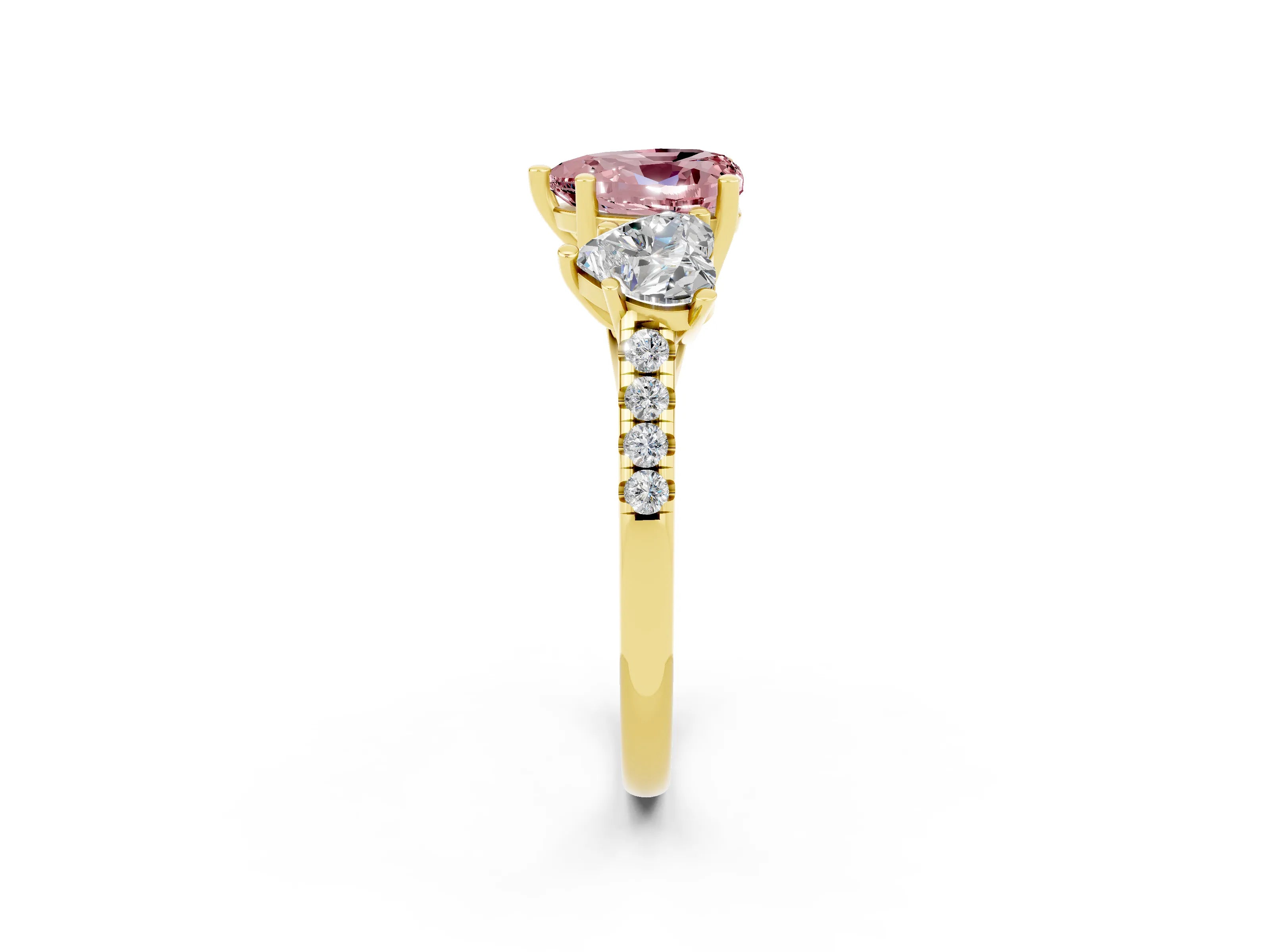 Yellow gold Three-Stone Heart Cut Morganite Ring with Pavé Band and Prong Setting_14