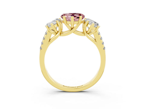 Yellow gold Three-Stone Heart Cut Morganite Ring with Pavé Band and Prong Setting_15