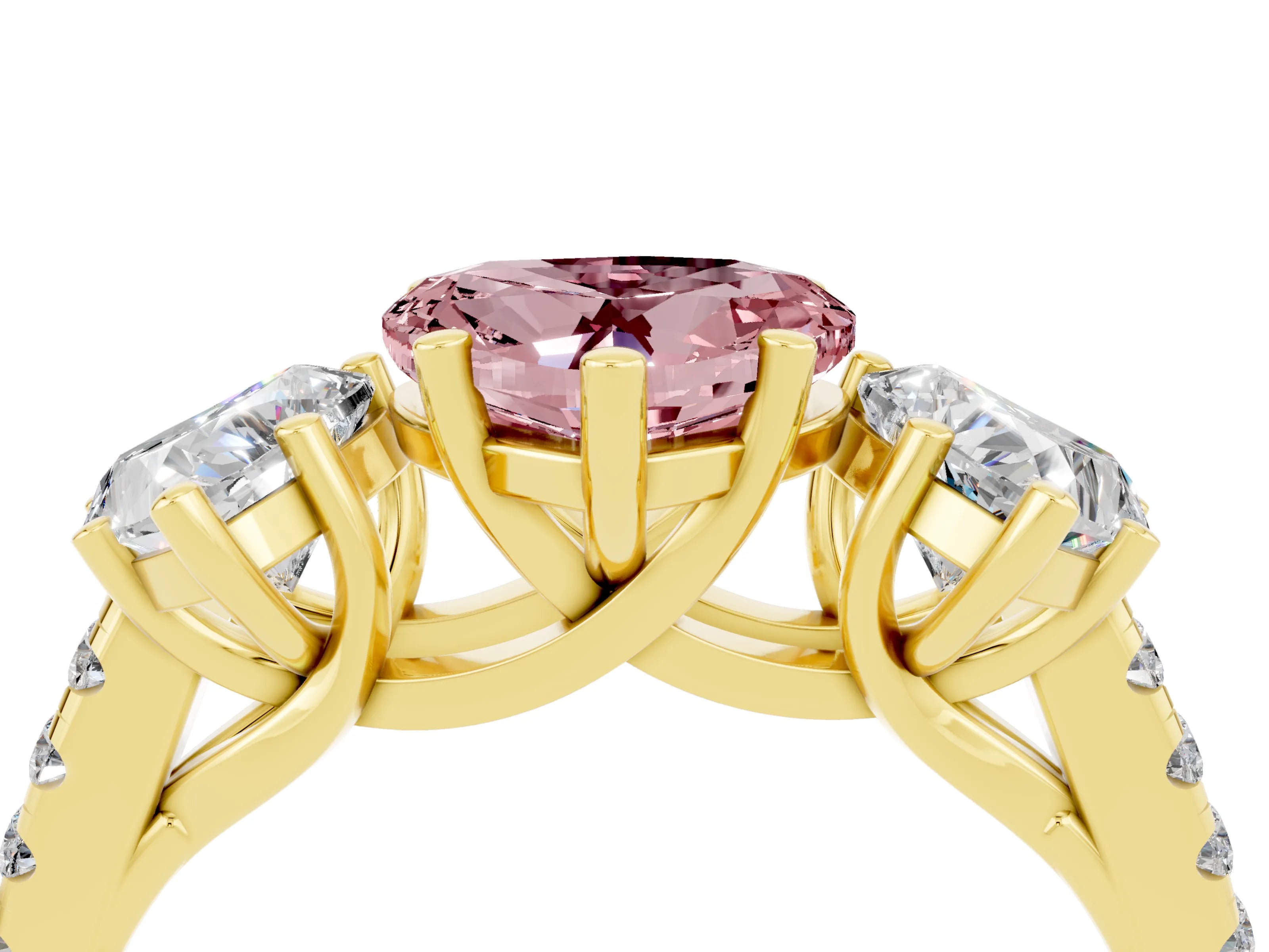 Yellow gold Three-Stone Heart Cut Morganite Ring with Pavé Band and Prong Setting_16