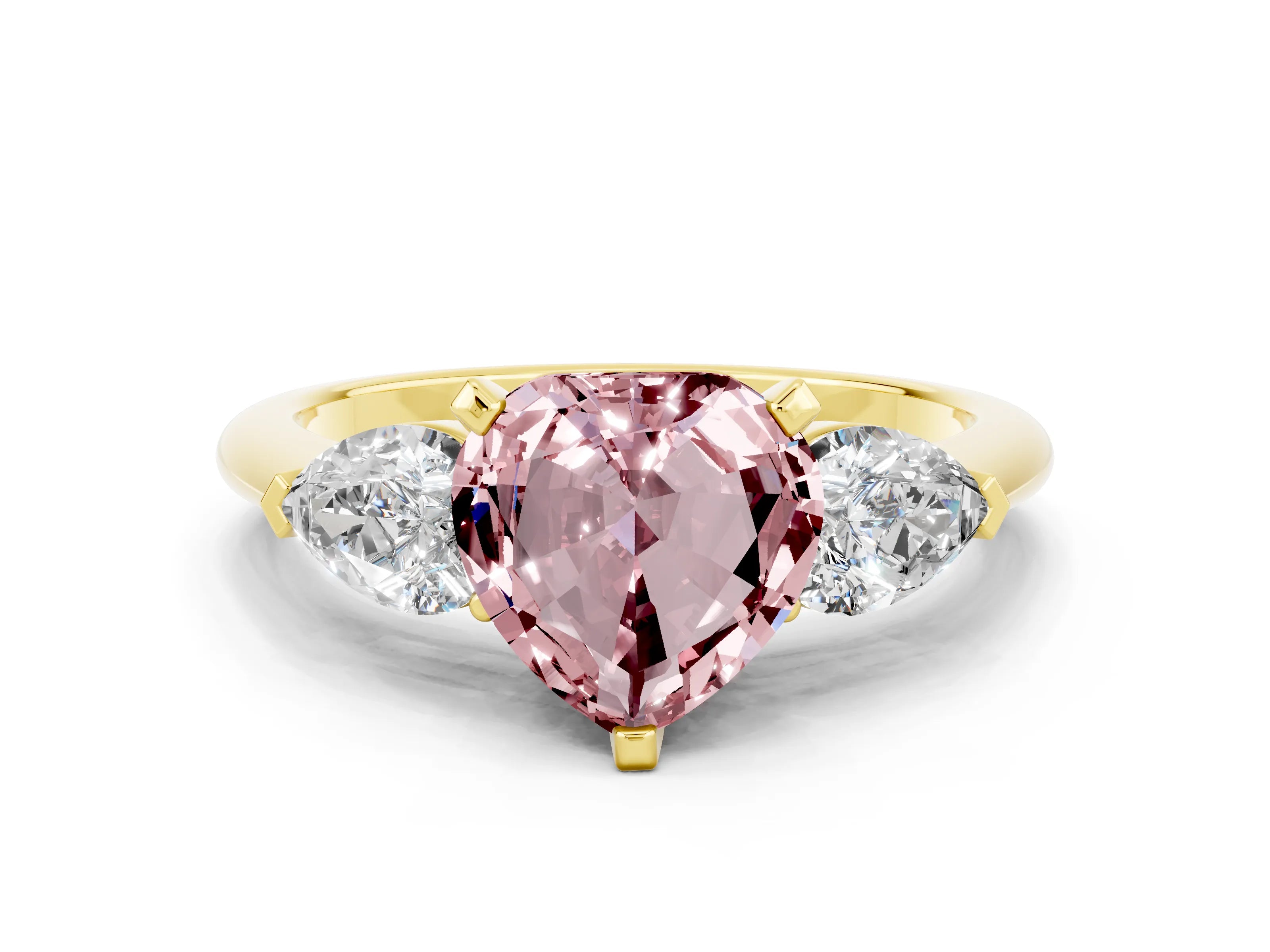 Yellow gold Three-Stone Heart Cut Morganite Ring with Pear Side Stones and Four-Prong Setting