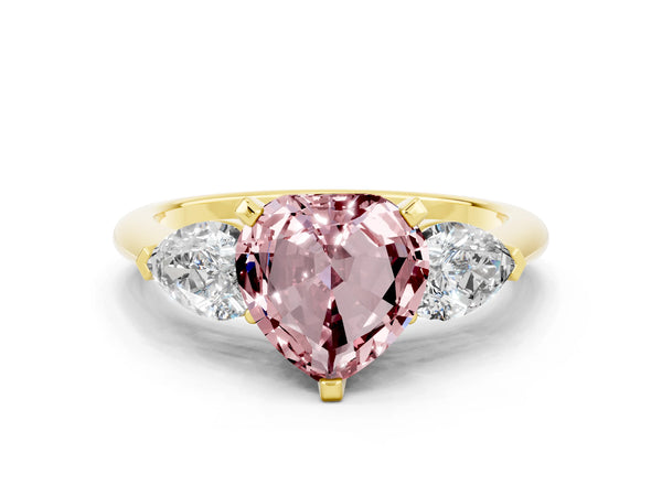 Yellow gold Three-Stone Heart Cut Morganite Ring with Pear Side Stones and Four-Prong Setting