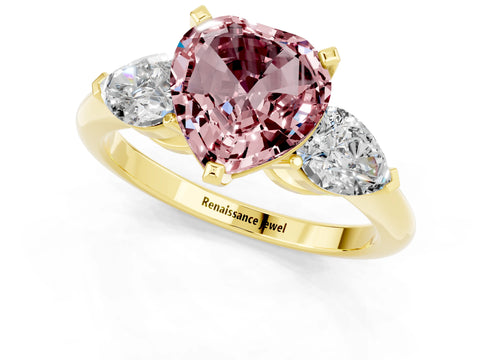 Yellow gold Three-Stone Heart Cut Morganite Ring with Pear Side Stones and Four-Prong Setting_1