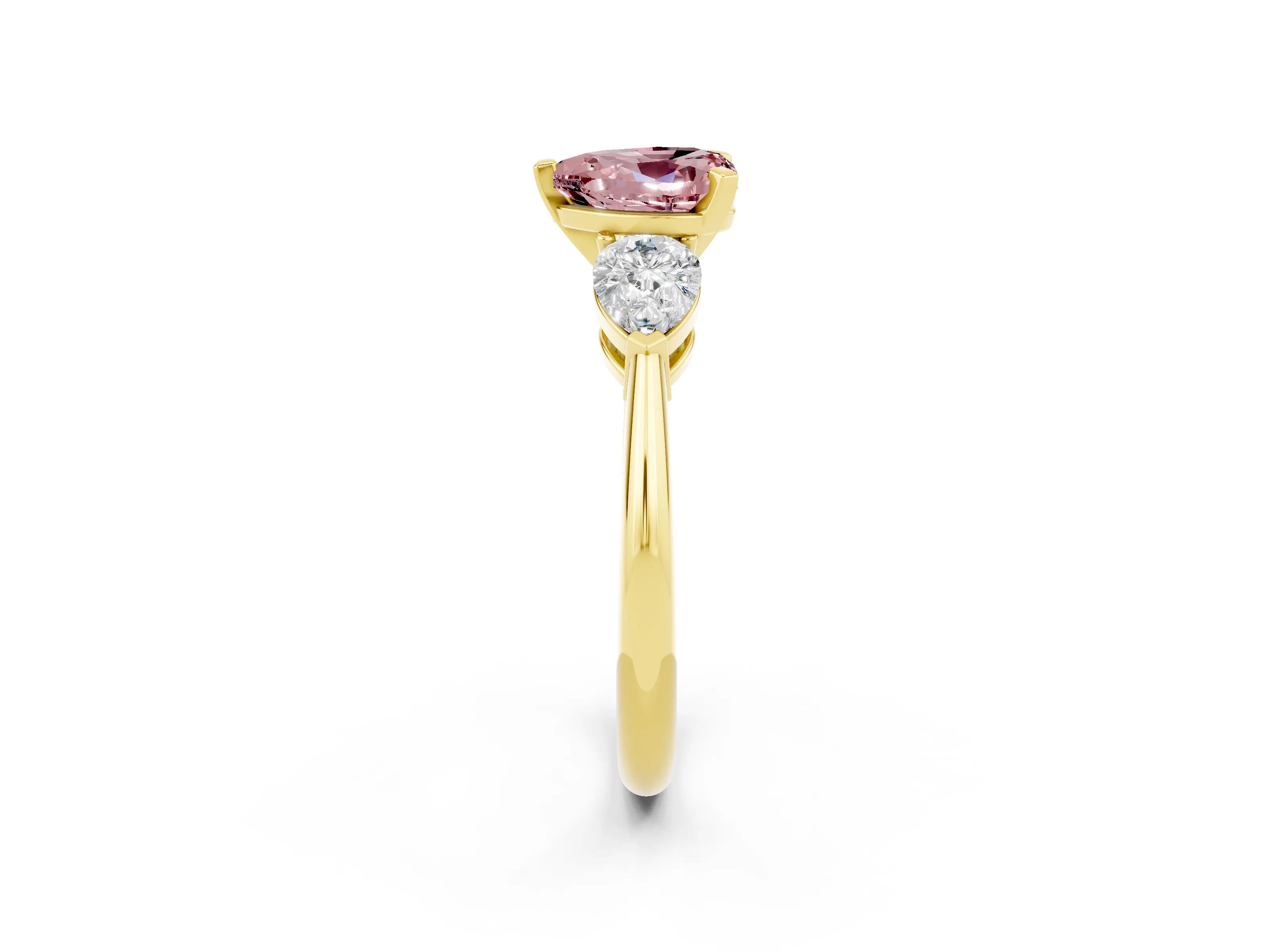 Yellow gold Three-Stone Heart Cut Morganite Ring with Pear Side Stones and Four-Prong Setting_2