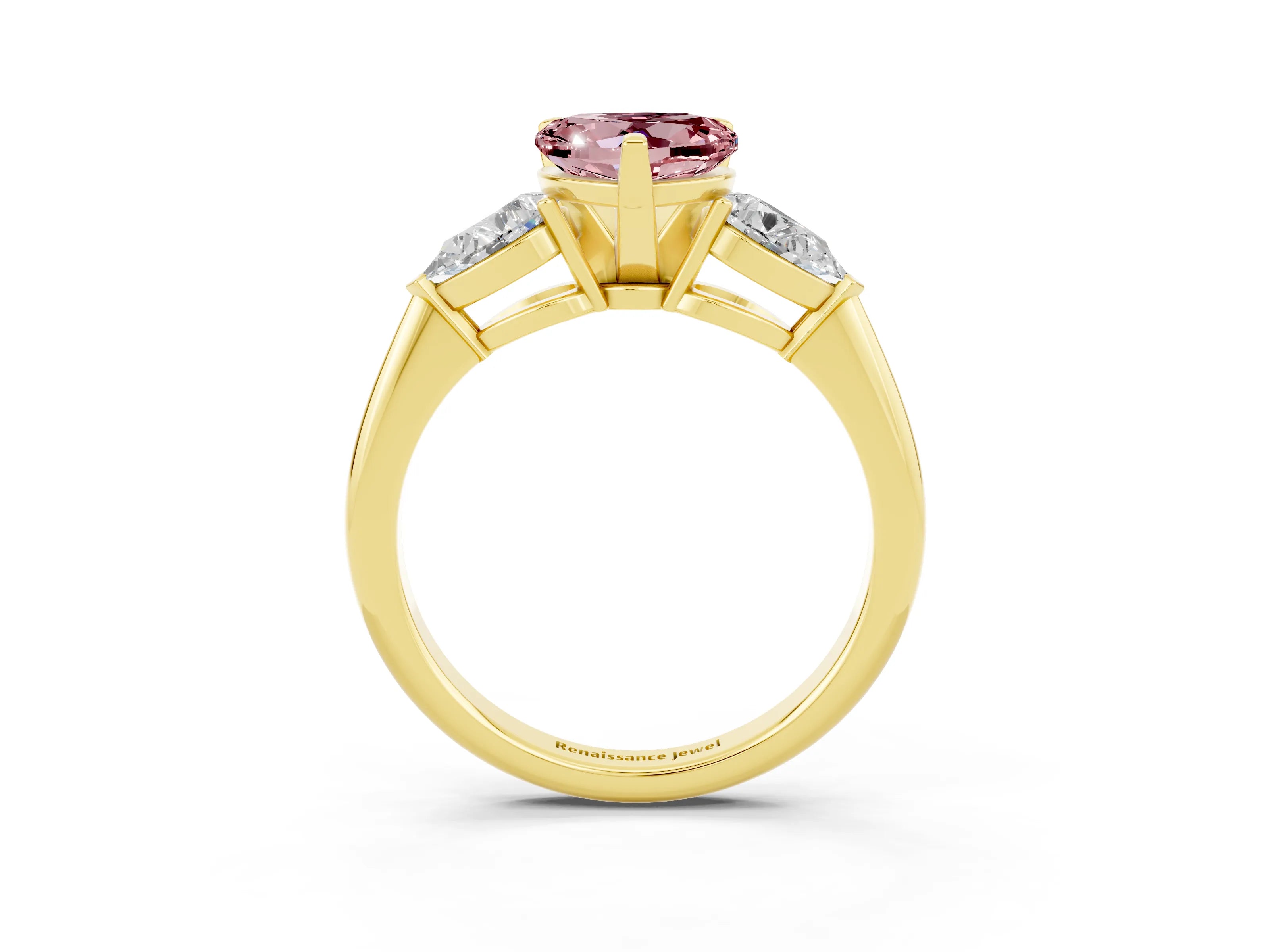 Yellow gold Three-Stone Heart Cut Morganite Ring with Pear Side Stones and Four-Prong Setting_3