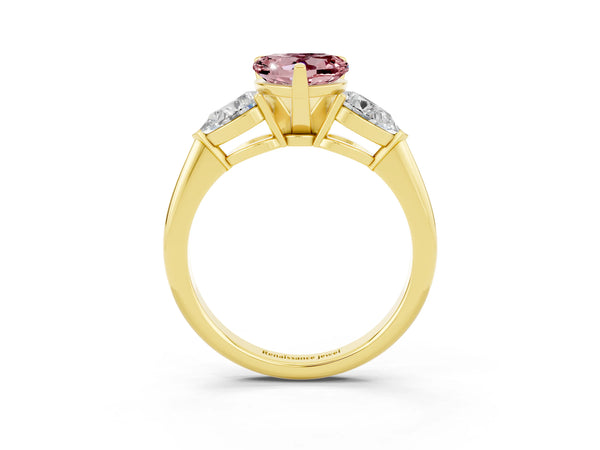 Yellow gold Three-Stone Heart Cut Morganite Ring with Pear Side Stones and Four-Prong Setting