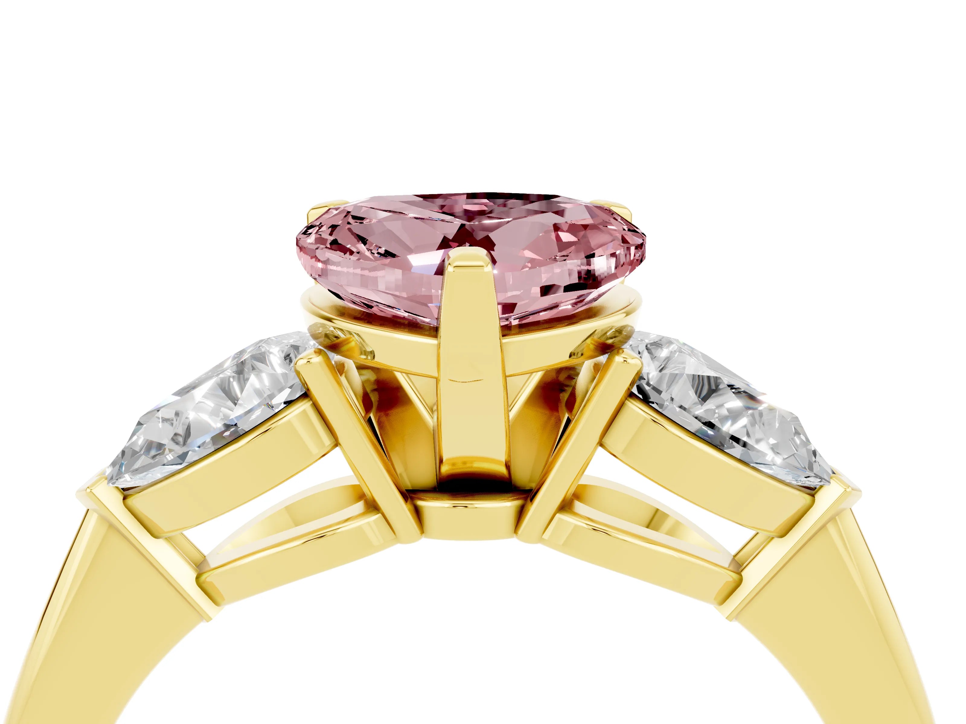 Yellow gold Three-Stone Heart Cut Morganite Ring with Pear Side Stones and Four-Prong Setting_4