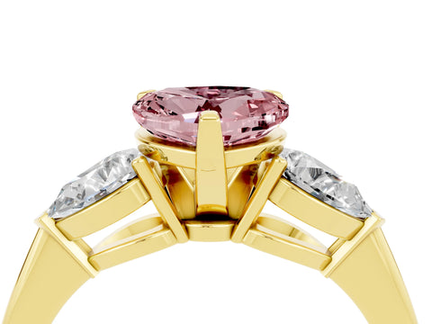 Yellow gold Three-Stone Heart Cut Morganite Ring with Pear Side Stones and Four-Prong Setting_4