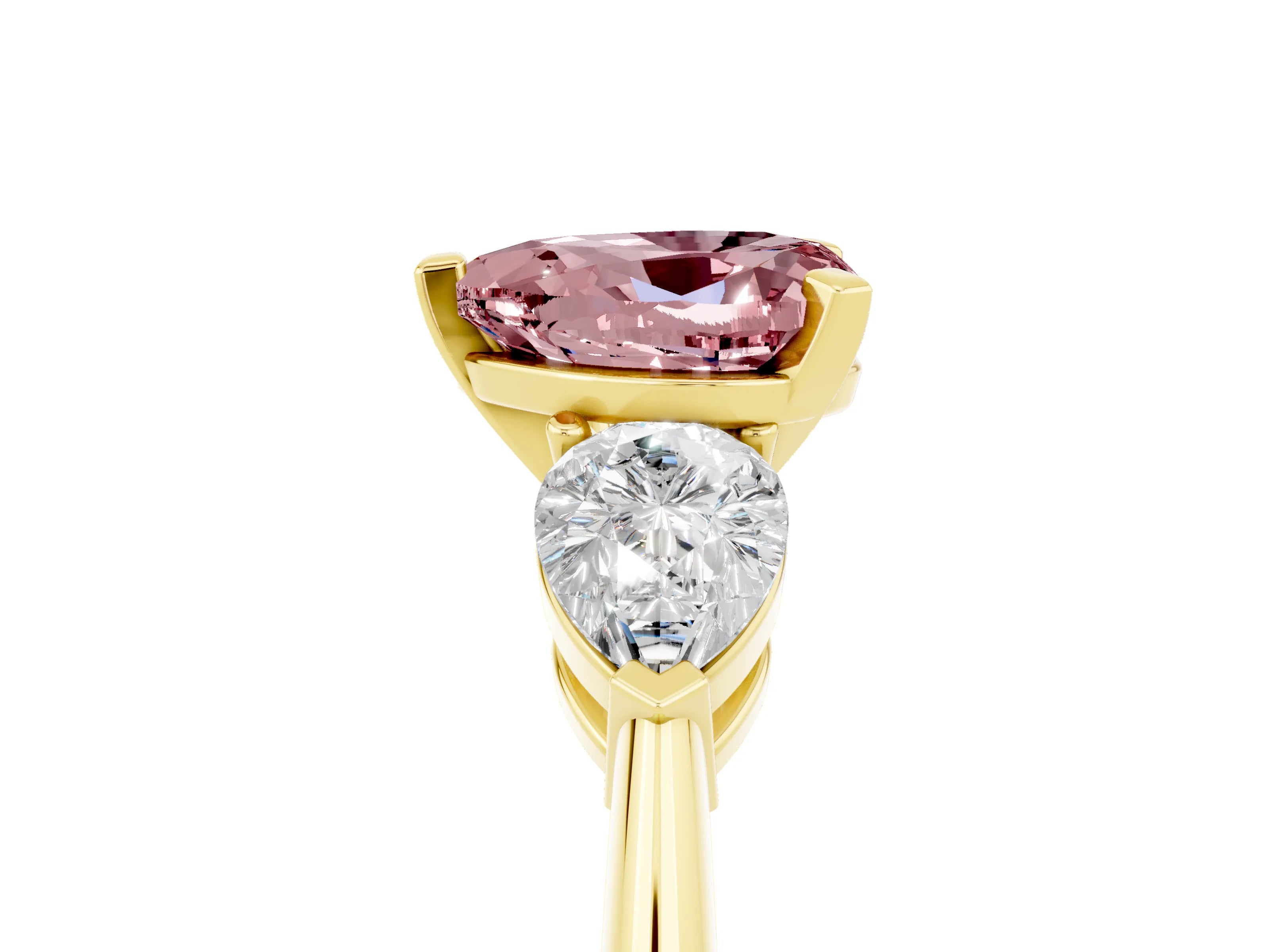 Yellow gold Three-Stone Heart Cut Morganite Ring with Pear Side Stones and Four-Prong Setting_5
