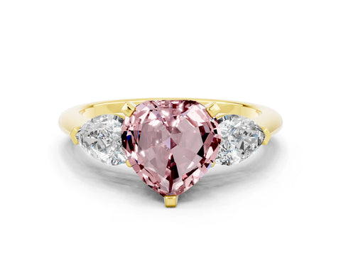Yellow gold Three-Stone Heart Cut Morganite Ring with Pear Side Stones and Four-Prong Setting