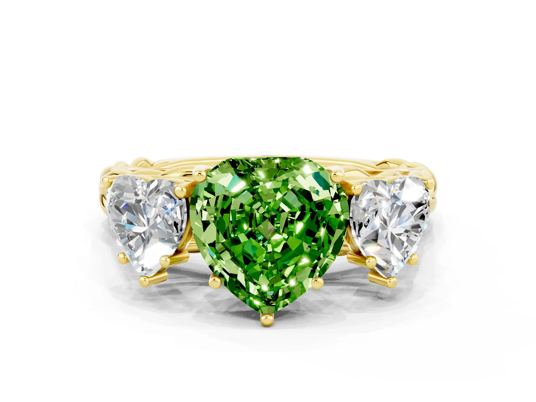 Yellow gold Three-Stone Heart Cut Peridot Braided Band Ring with Four-Prong Setting_12
