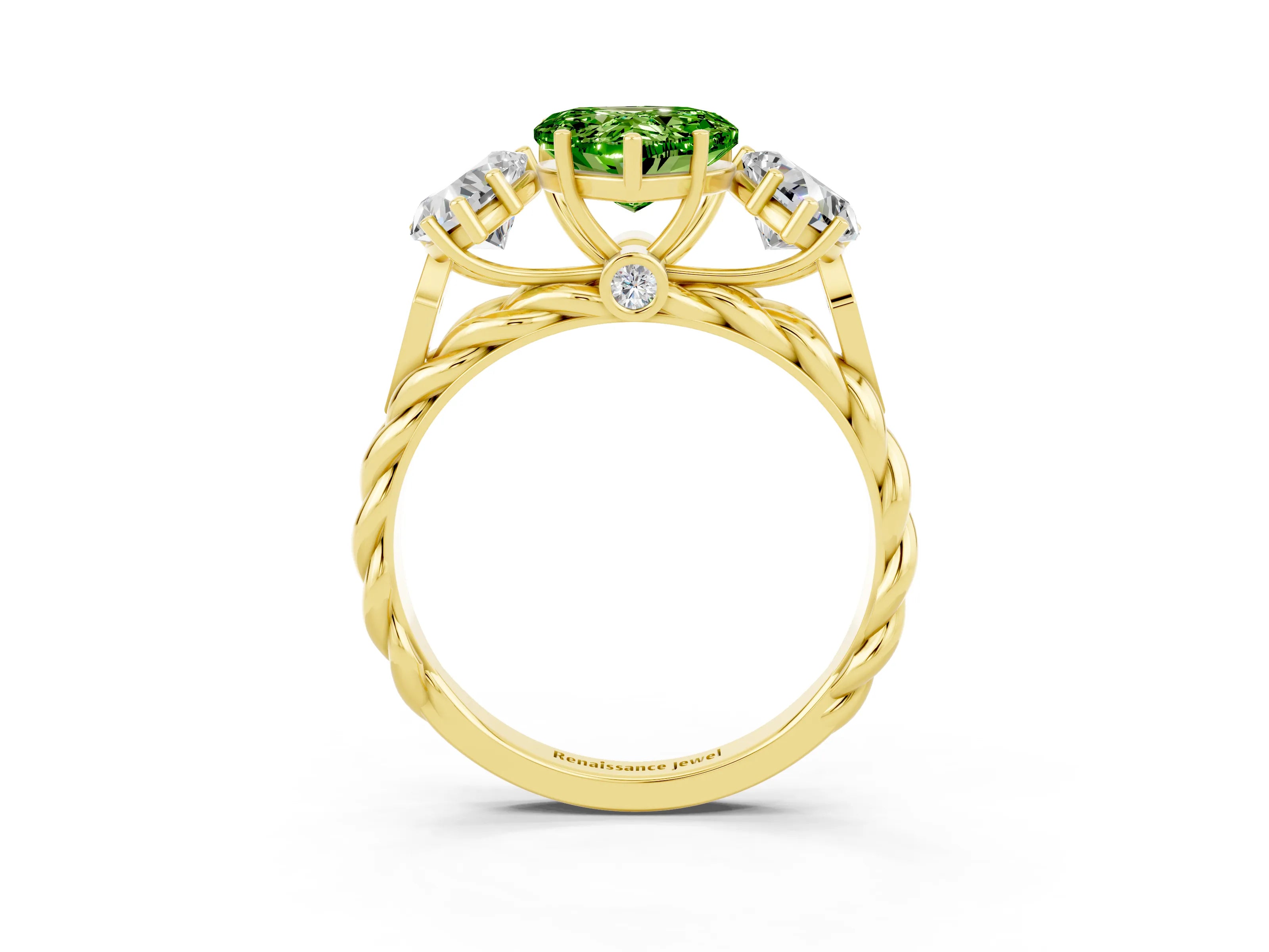 Yellow gold Three-Stone Heart Cut Peridot Braided Band Ring with Four-Prong Setting_15
