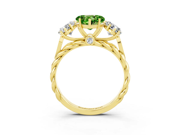 Yellow gold Three-Stone Heart Cut Peridot Braided Band Ring with Four-Prong Setting
