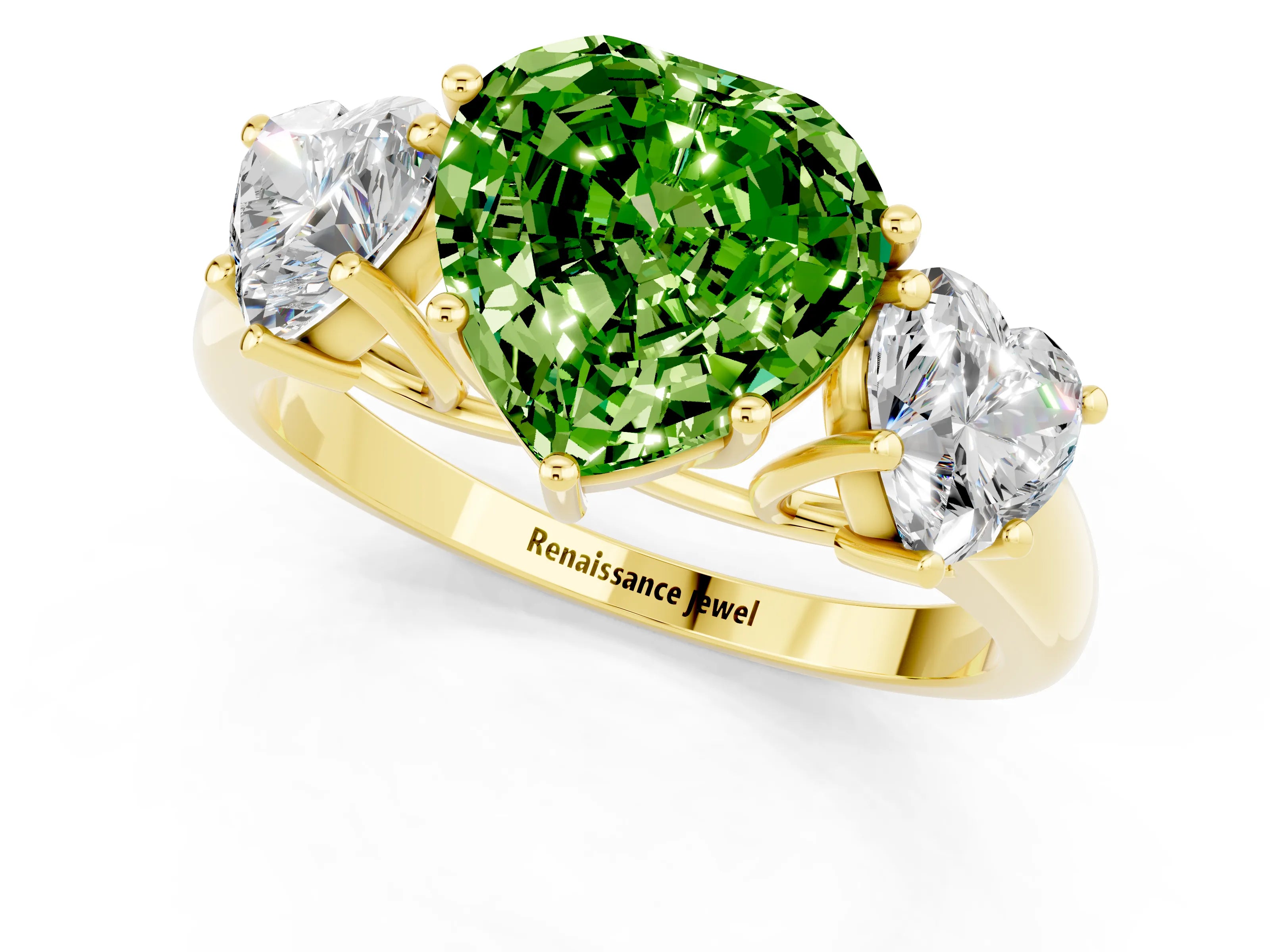 Yellow gold Three-Stone Heart Cut Peridot Engagement Ring with Prong Setting_1