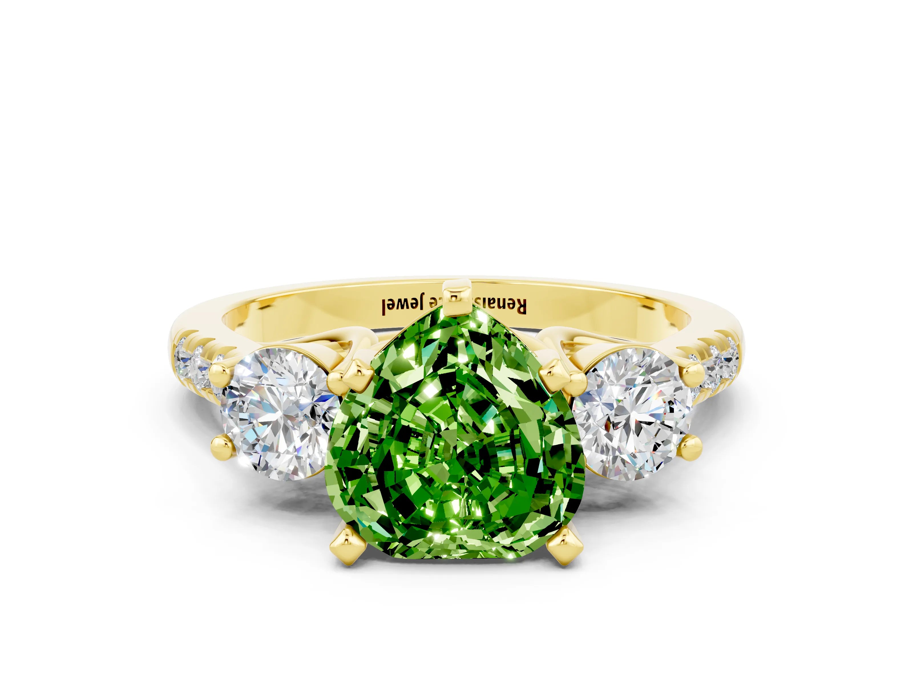 Yellow gold Three-Stone Heart Cut Peridot Pavé Band with Four-Prong Setting