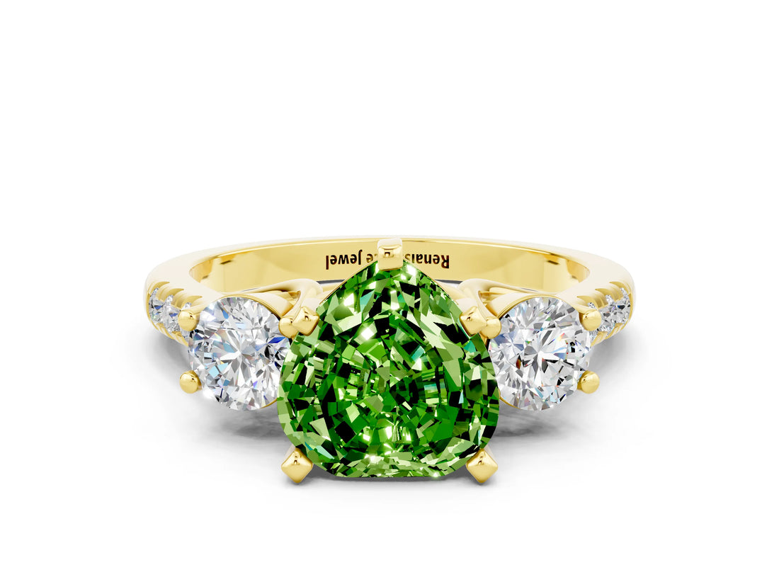 Yellow gold Three-Stone Heart Cut Peridot Pavé Band with Four-Prong Setting
